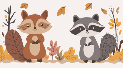 Fototapeta premium Flat Vector Illustration of Squirrel and Raccoon | Wildlife Cartoon Characters Design