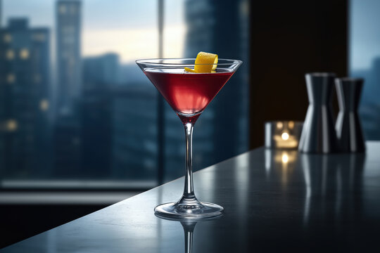 A photo of a Cosmopolitan cocktail with a lemon twist on a modern stone bar table and background in a high class city lounge.