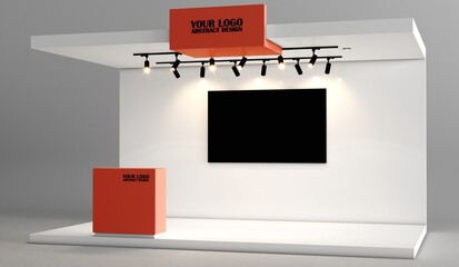 Blank white trade exhibition booth system stand. Trade show booth white and blank. Blank indoor exhibition with work paths