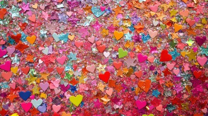 Colorful glitter background with hearts and stars.