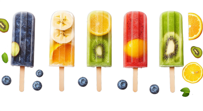 colorful popsicles, fruit slices, kiwi, banana, blueberry, orange, refreshing summer treat, white background, vibrant colors, high detail, food photography with clipping path, PNG collection, PNG.