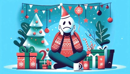 Lonely person in festive attire amidst holiday decorations and gifts