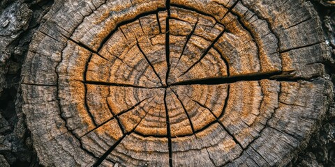 Fototapeta premium Close-up of worn-out, cracked wood with visible texture and layers of natural color, space for text.