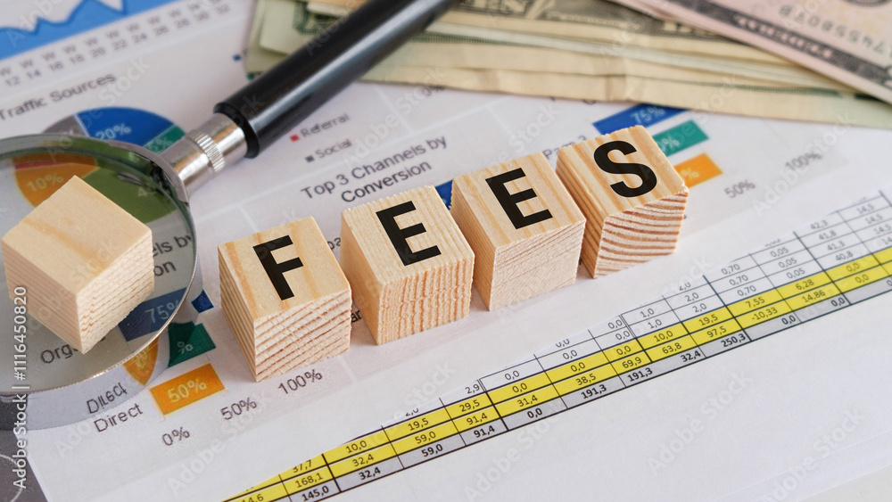 Poster a wooden block with the letters fees on it is on top of a piece of paper with gr