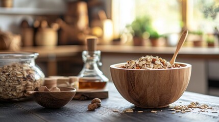 Fototapeta premium Healthy breakfast with oats in a wooden bowl