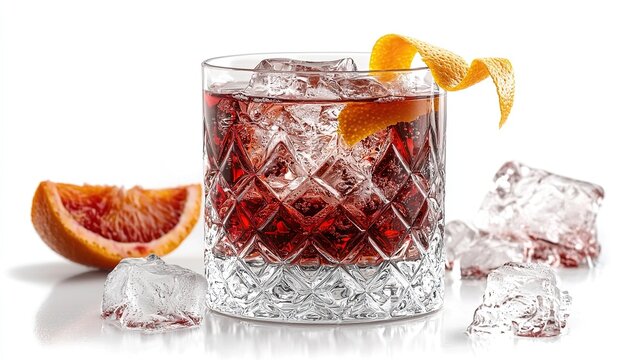 italian cocktail negroni with fresh orange garnish in a white background