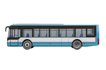 Modern city bus, side view, white and blue color scheme, large windows, urban transportation, clean design, isolated on white background. PNG.