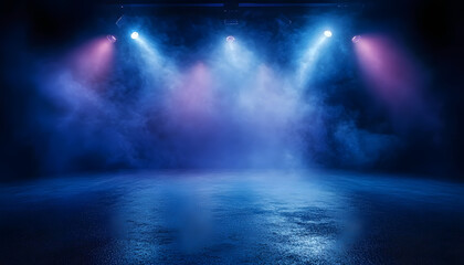Naklejka premium The dark stage shows, dark blue background, an empty dark scene, neon light, spotlights The asphalt floor and studio room with smoke float up the interior