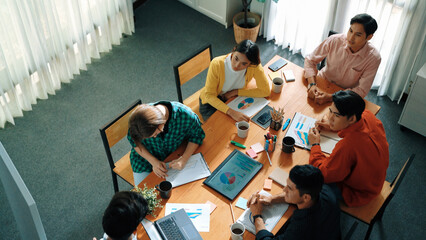Top view of smart businessman hold laptop while present financial plan at meeting. Skilled project...