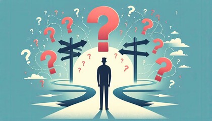 Silhouette facing decision paralysis at crossroads with question marks surrounding