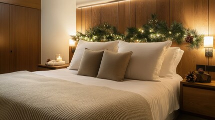 Fototapeta premium Minimalist wooden headboard and bedside tables in a modern bedroom with neutral tones