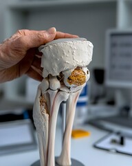 Detailed medical documentation of a severe case of osteoarthritis in the knee joint of an elderly person showcasing extensive cartilage loss inflamed and distorted bone structure and an immobilized