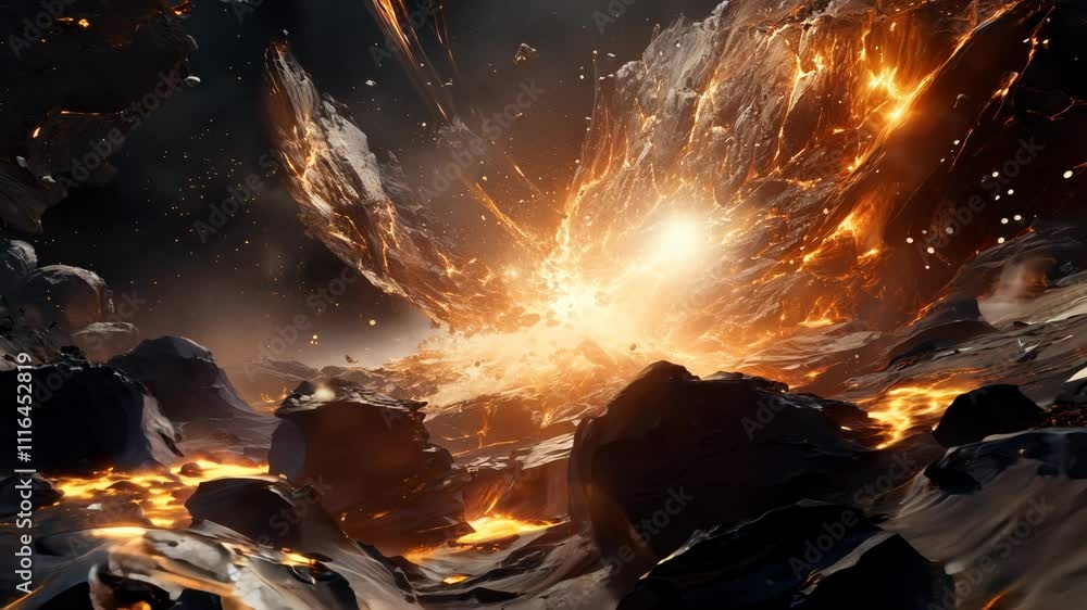 Poster abstract explosion in space with rocks and stones burst in flame, sci-fi and technology background