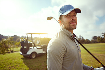 Golf, portrait and man on course with cart, gear and driver with confidence and smile from sport,...