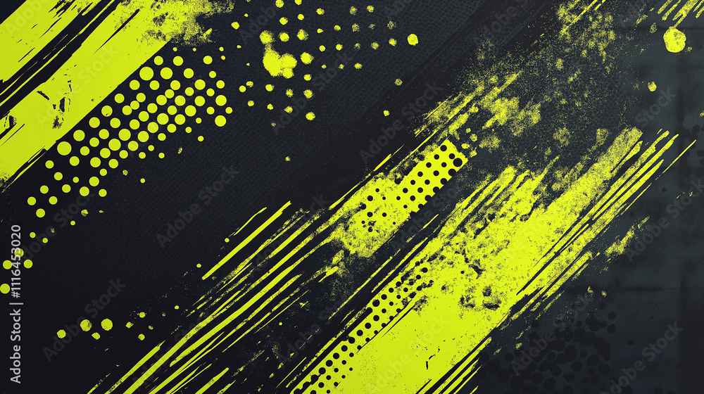 Aufkleber grungy cyberpunk background in black and green with halftone dots and digital elements for an edgy, 