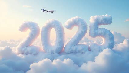 2025 text made of clouds, with a plane passing by