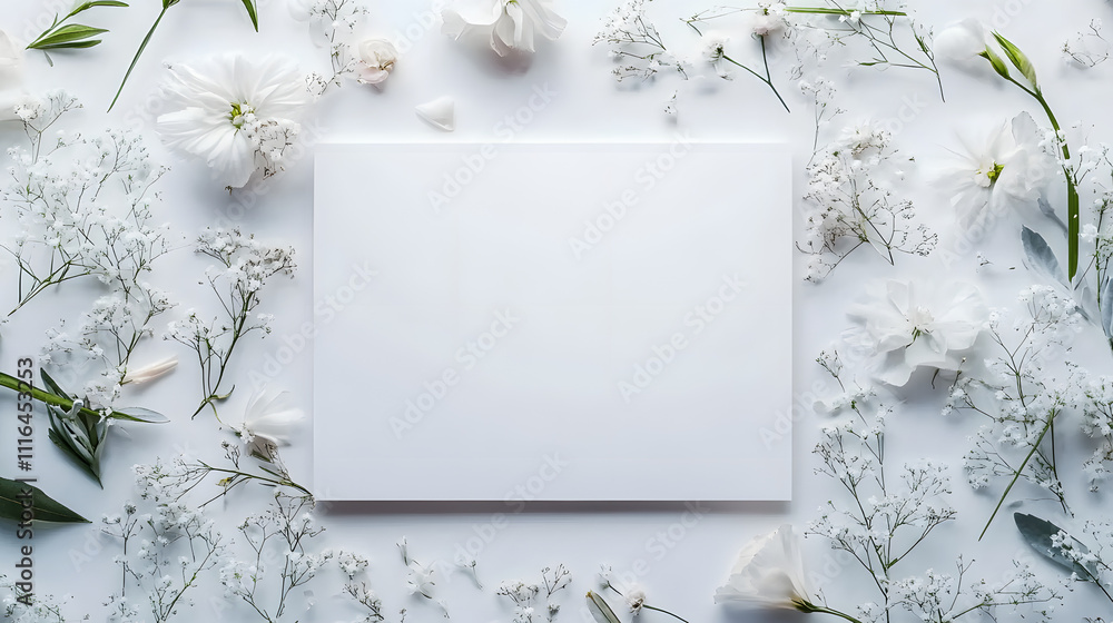 Aufkleber 3. an artistic rendering of a blank white wedding invitation surrounded by delicate floral elements,