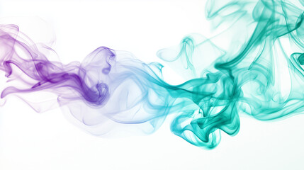 Abstract smoke pattern in emerald and violet on a clean white backdrop, abstract colourful smoke. 