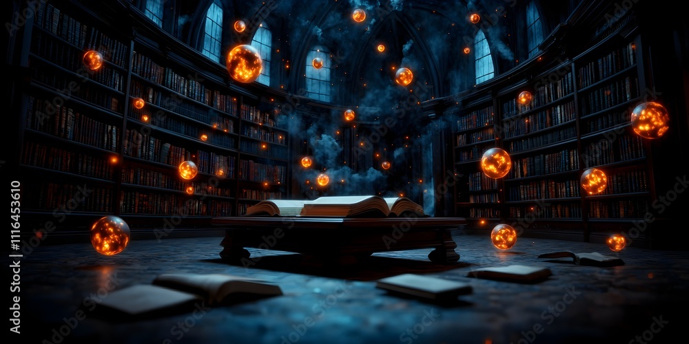 Poster cavernous library chamber with high vaulted ceilings and countless volumes of ancient wisdom a centr