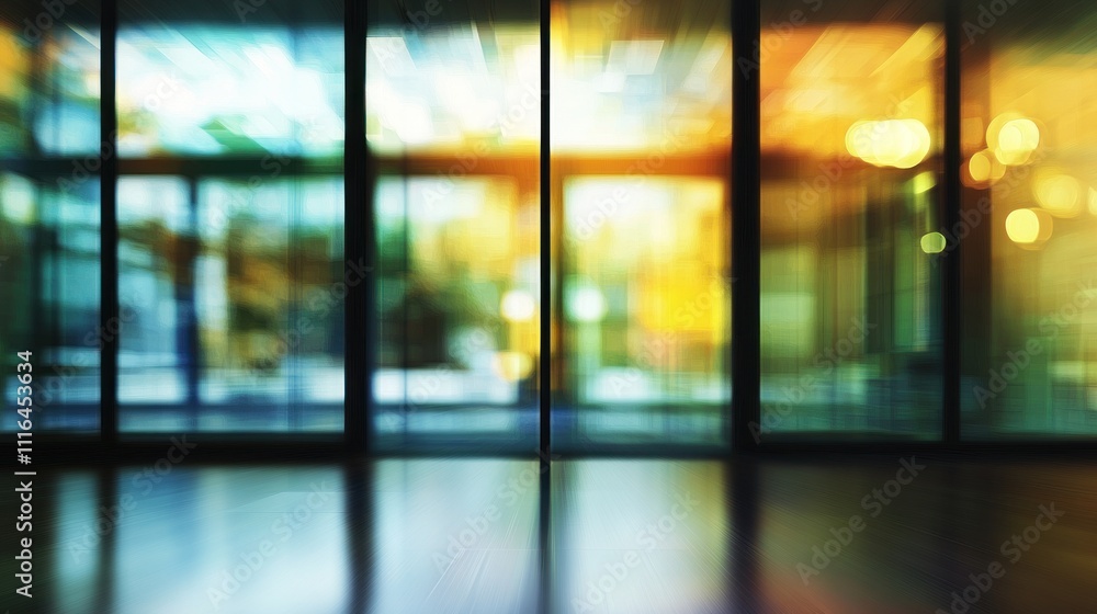 Poster Abstract blurred image of modern glass building entrance at night.