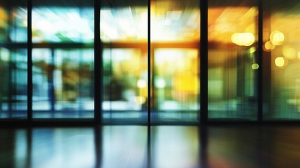 Fototapeta premium Abstract blurred image of modern glass building entrance at night.