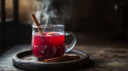A glass mug of warm cranberry apple punch with steam rising, placed on a rustic tray with a cinnamon stick stirrer