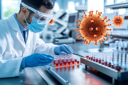 Scientist in lab examining samples, virus graphic overlay.
