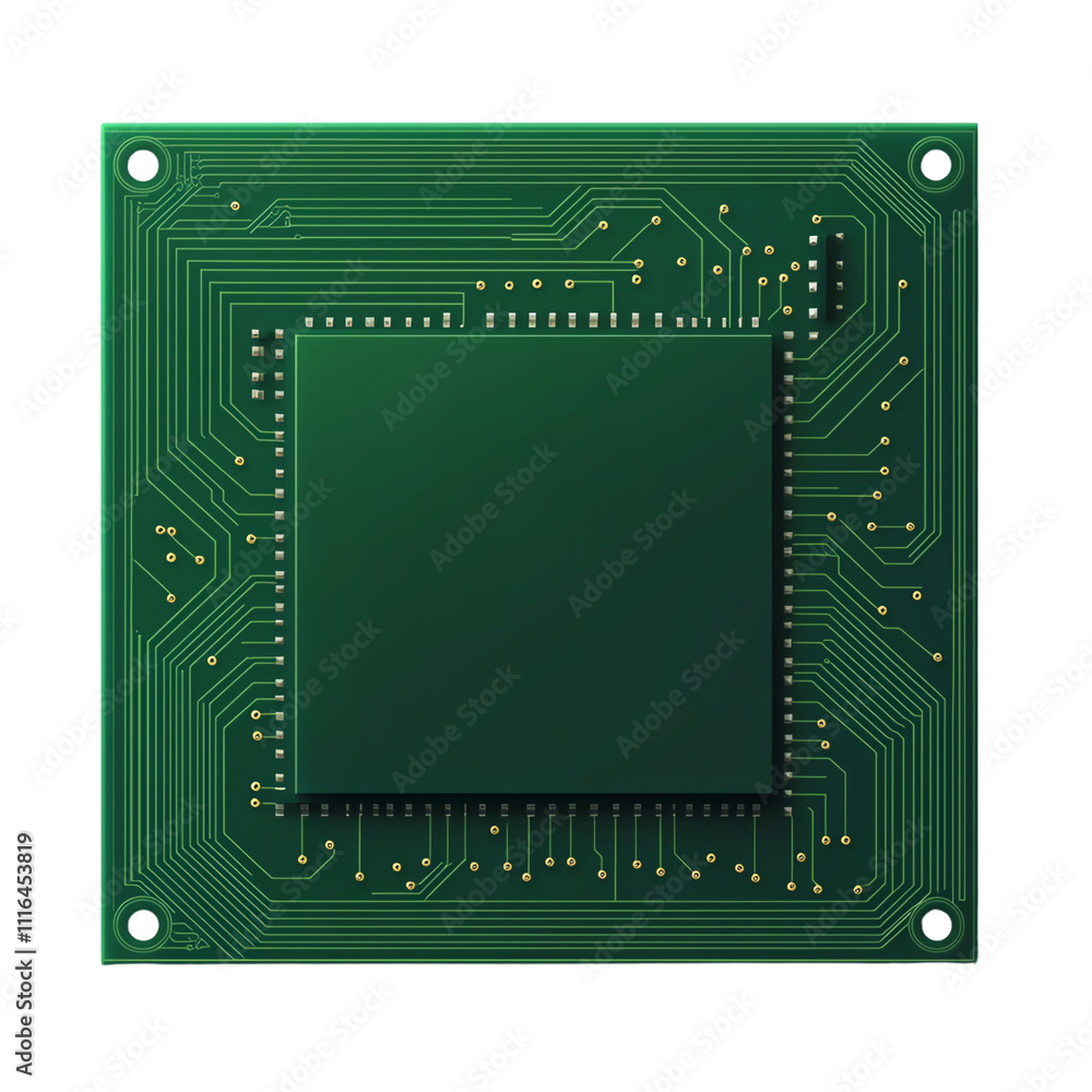 Poster green circuit board with chip embedded design. transparent background
