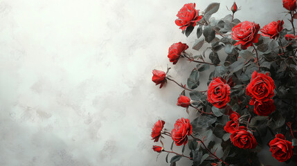 Close-up of red roses against a light grey background with ample copy space on the right for a minimalist design