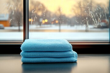  Toalla azul apilada en una mesa frente a una ventana con paisaje invernal.
