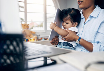 Mother, baby and multitasking with laptop for remote work, freelance and life balance in home. Brand consultant, child care and juggling task with time management, responsibility and tablet for app