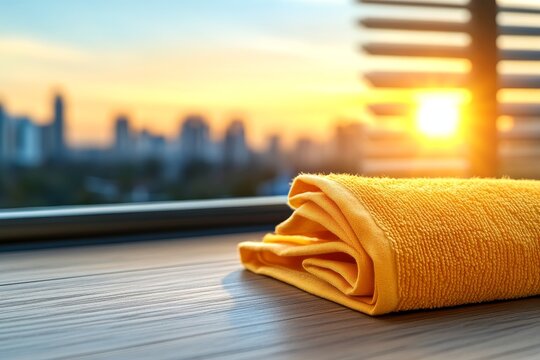  Toalla amarilla doblada sobre una mesa con vista a la ciudad durante el atardecer.
