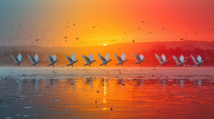 Sunset in 3 colors, created as White doves flying in the center. Natural transition between colors, Competition photography.