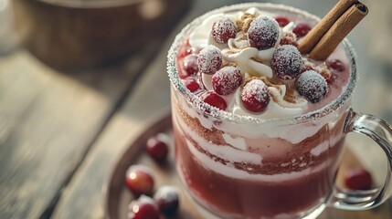 Close up of cranberry apple punch in a glass mug, styled with a cinnamon stick stirrer and sugared cranberries on top