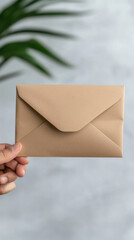 Fototapeta premium Human resources layoff concept. A hand holds a brown envelope against a blurred background, suggesting correspondence or an invitation in a natural setting.