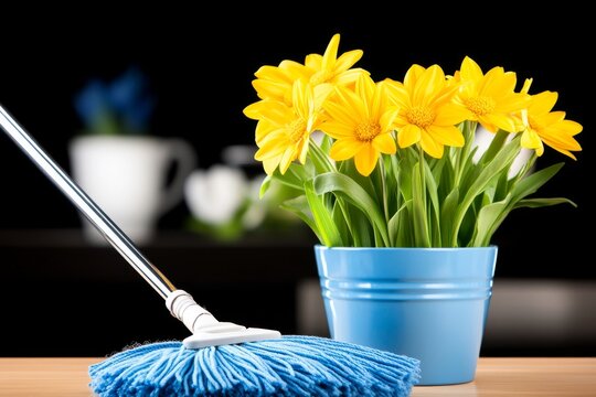  Una mopa azul y una maceta con flores amarillas colocadas sobre una mesa, destacando un contraste vibrante en un espacio interior.

