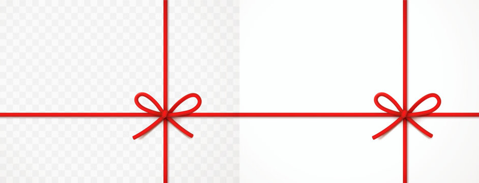 String bow isolated on white and transparent backgrounds. Vector cord, rope or twine. Red Christmas wrap element template