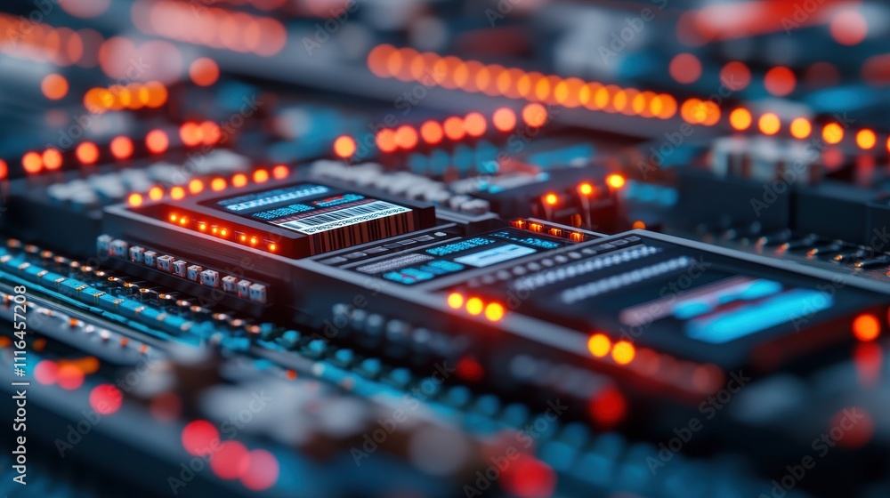 Poster close-up view of futuristic circuit board with glowing led lights and intricate patterns, representi