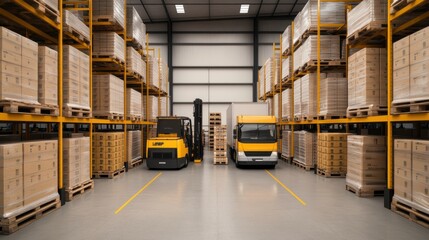 Industrial Warehouse Interior with Forklifts and Delivery Trucks Amongst Stacked Wooden Pallets in a Spacious Storage Facility