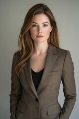 Fototapeta premium Confident woman in business attire with a neutral background.