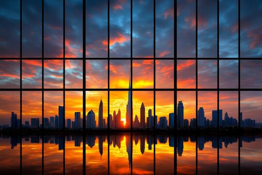  Horizonte urbano con edificios altos y un cielo colorido visto a trav&eacute;s de grandes ventanales enmarcados.
