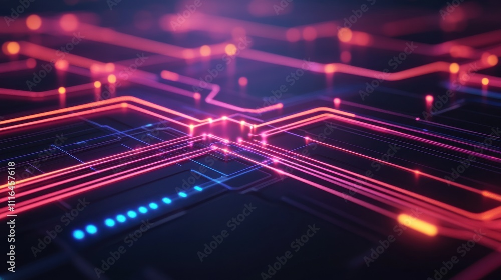 Poster abstract digital circuit with neon lights in blue and pink colors, creating a modern technology back