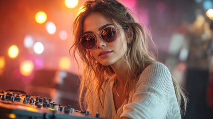 A woman in sunglasses playing a dj mixer at a music festival.