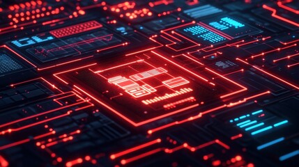 Obraz premium Futuristic Digital Interface Display with Neon Red and Blue Lights, Abstract Technology Background Suitable for Sci-Fi and Cyberpunk Themes in Creative Projects