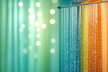  Cortina de ducha con rayas de colores vibrantes y gotitas de agua.
