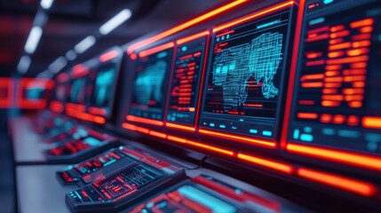 Obraz premium High-Tech Control Room with Digital Screens Displaying Global Data and Monitoring Dashboards in Neon Blue and Red Lighting Featuring Futuristic Computer Technology
