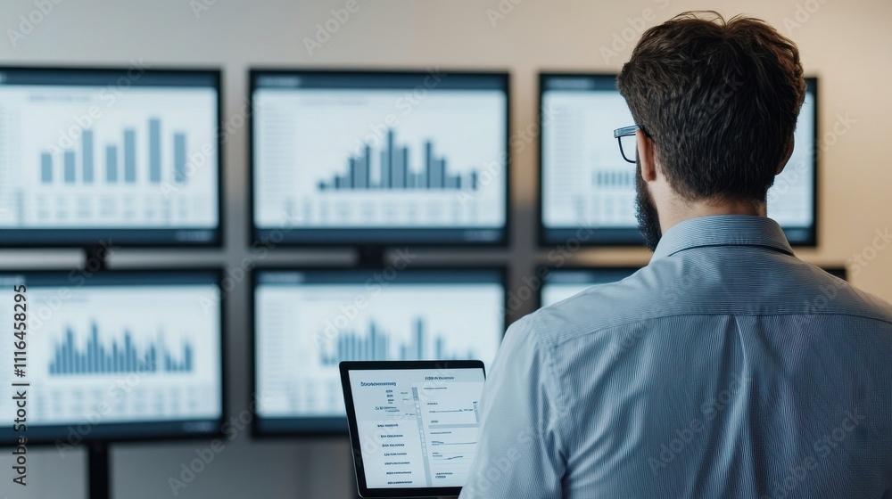 Poster professional male analyst observing data charts on multiple screens in modern office environment, en