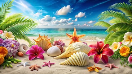 Obraz premium A lively summer beach-themed frame with colorful accents on a white background, perfect for seasonal decor and creative art projects, adding a fun touch.