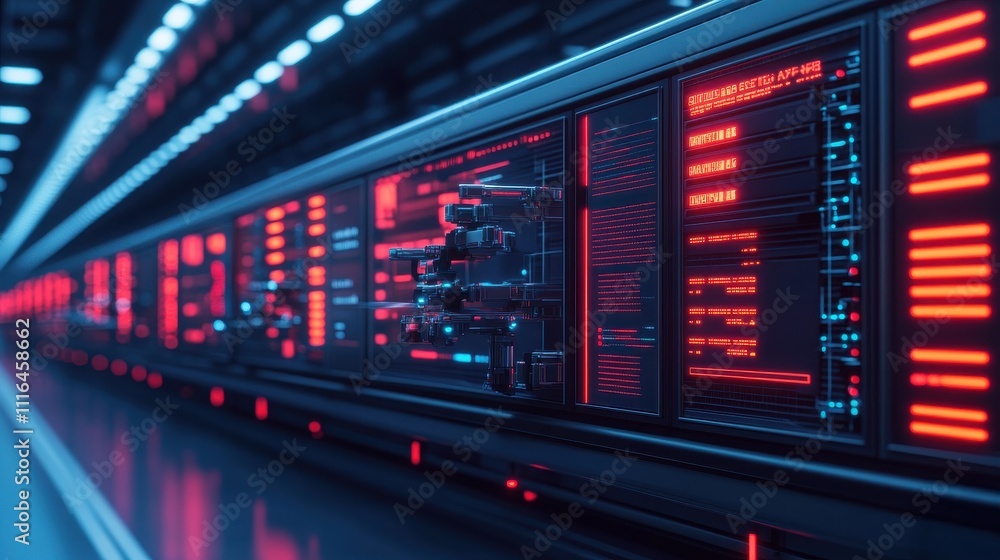Poster futuristic data center with glowing red and blue lights showcasing advanced technology and network s