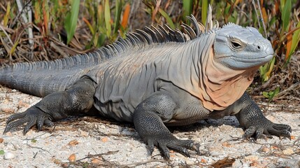 Fototapeta premium Large reptile basking under the sun in a natural habitat.